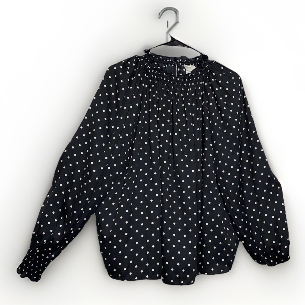 H & M Black & White Polka Dot Ruffle Blouse Long Sleeve Womens Size 14 Shirt Top